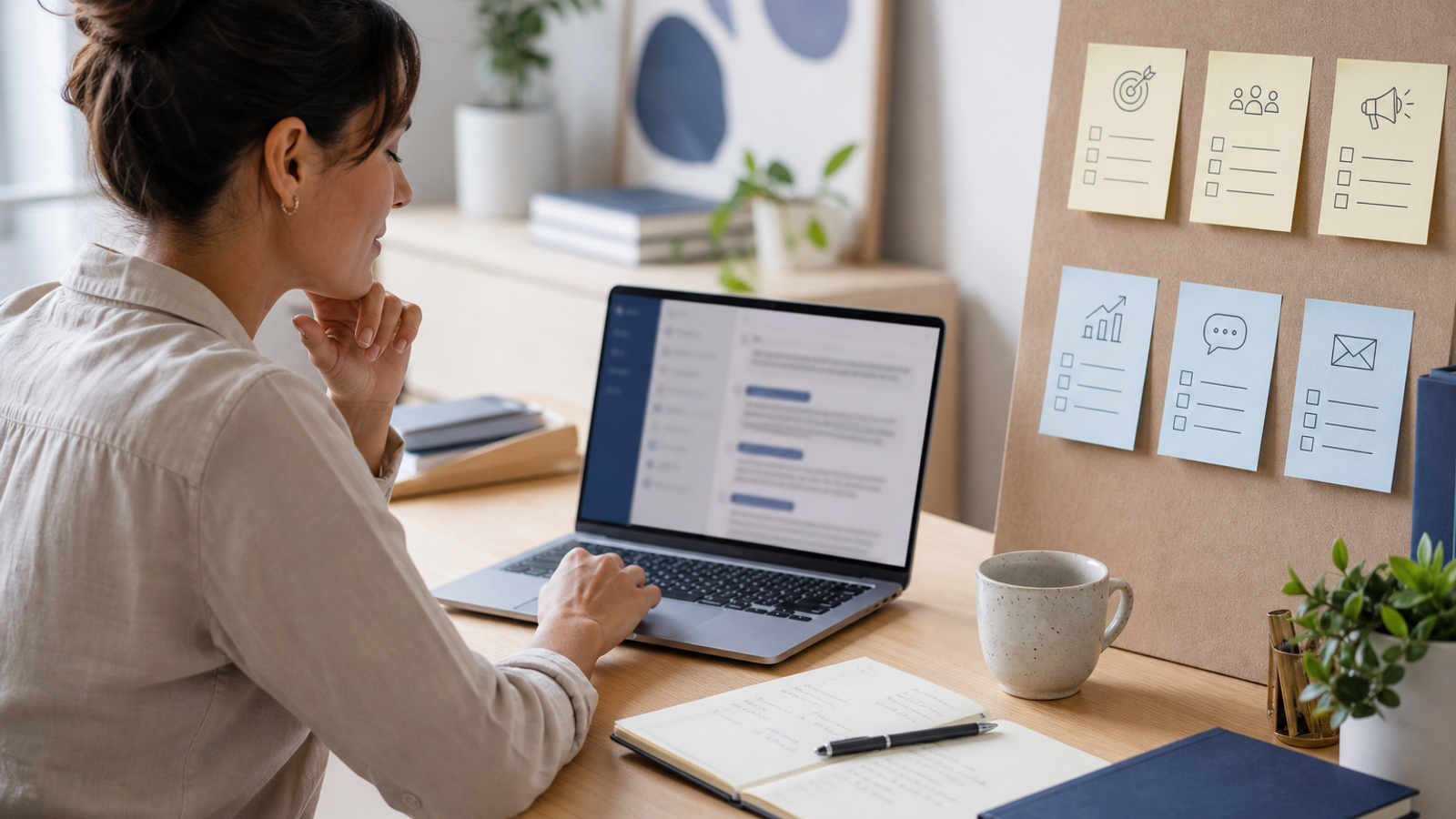 Small business owner using AI tools for marketing on a laptop