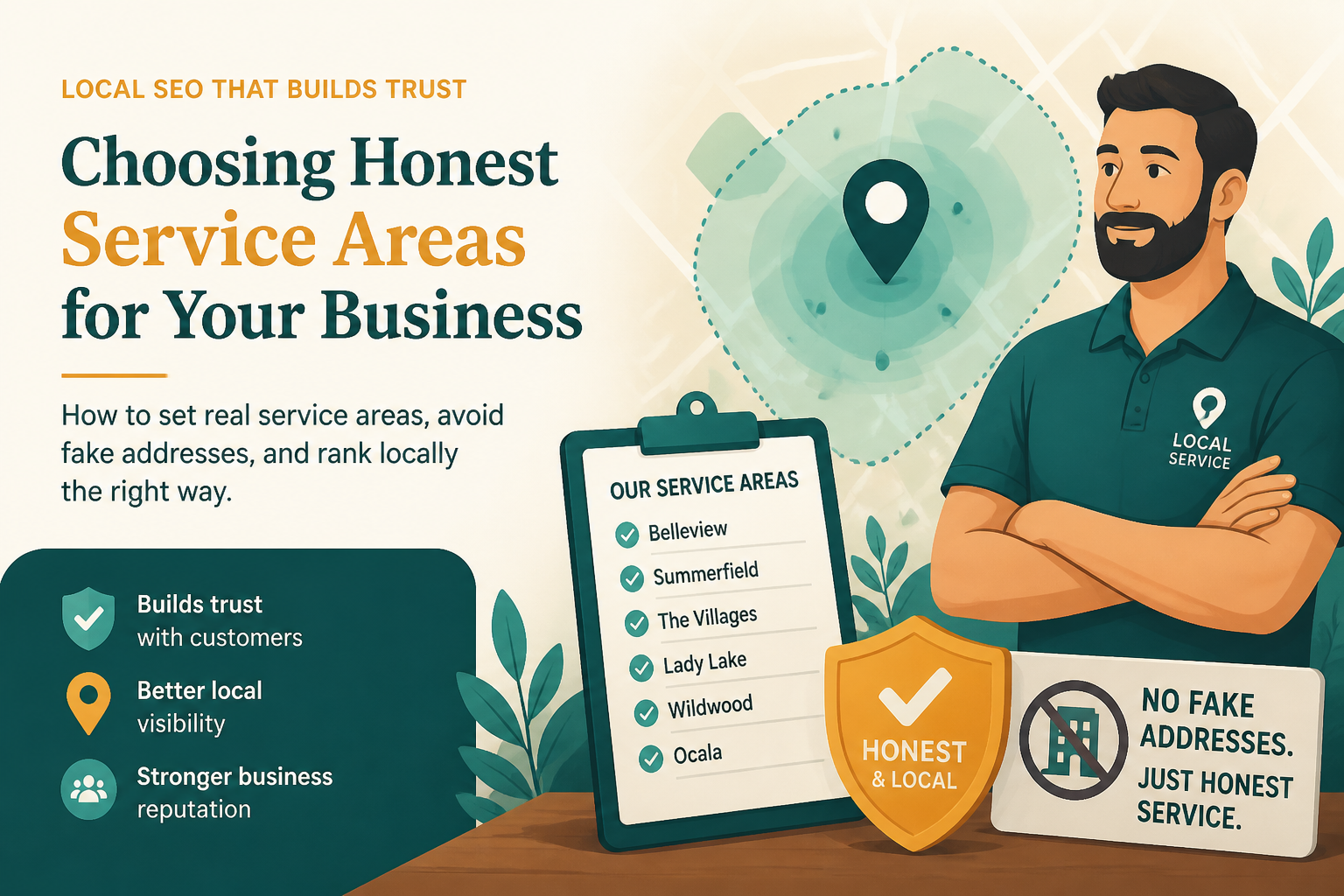 Service-area business profile showing hidden address with listed coverage areas