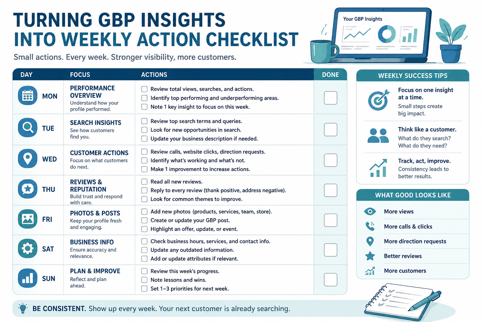 Monthly review checklist for turning Google Business Profile insights data into concrete actions