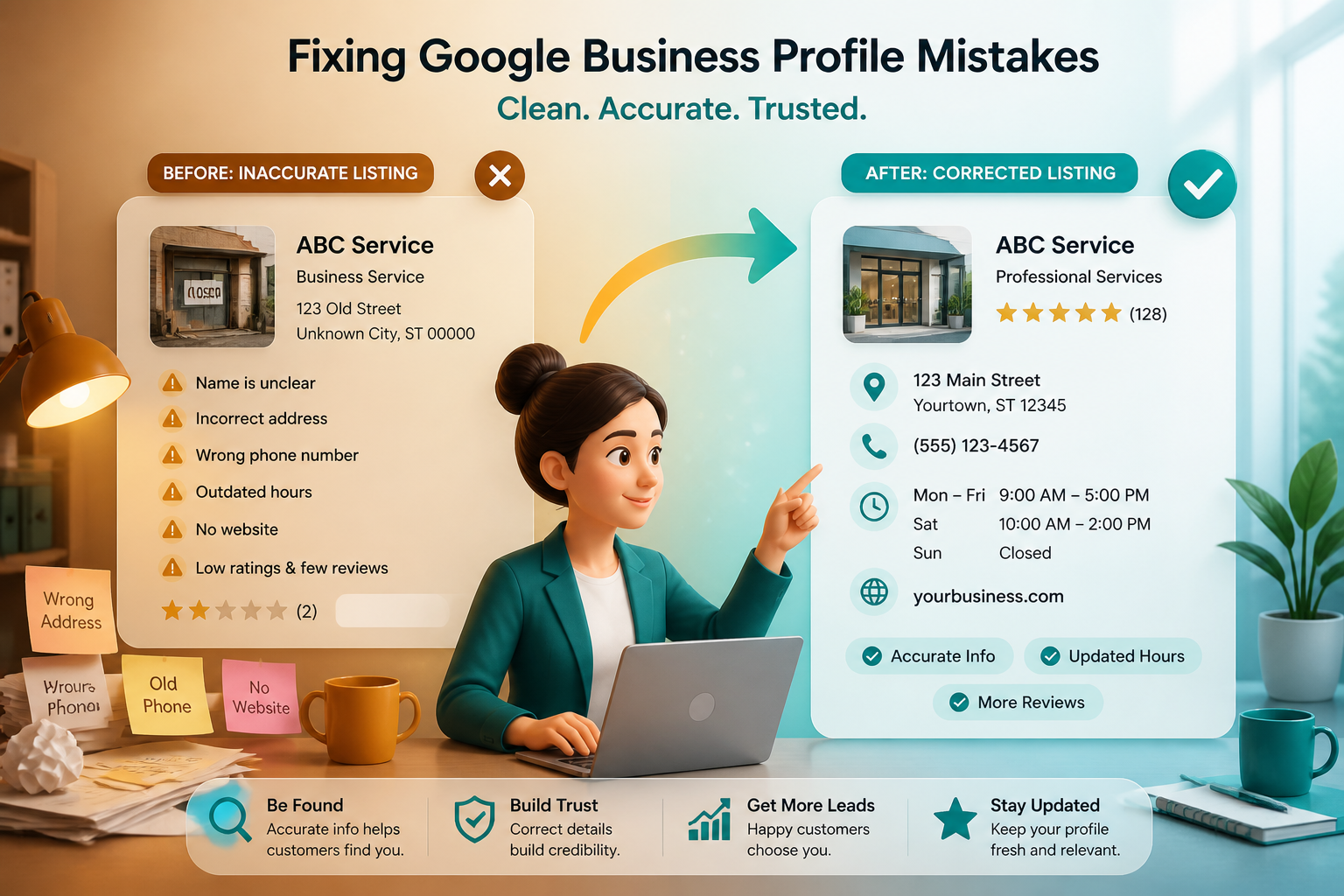 Business owner fixing Google Business Profile mistakes on a laptop dashboard