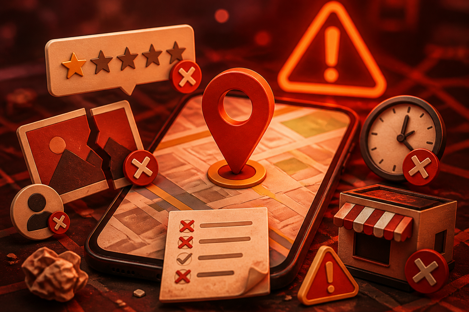Google Business Profile with warning icons highlighting common ranking mistakes