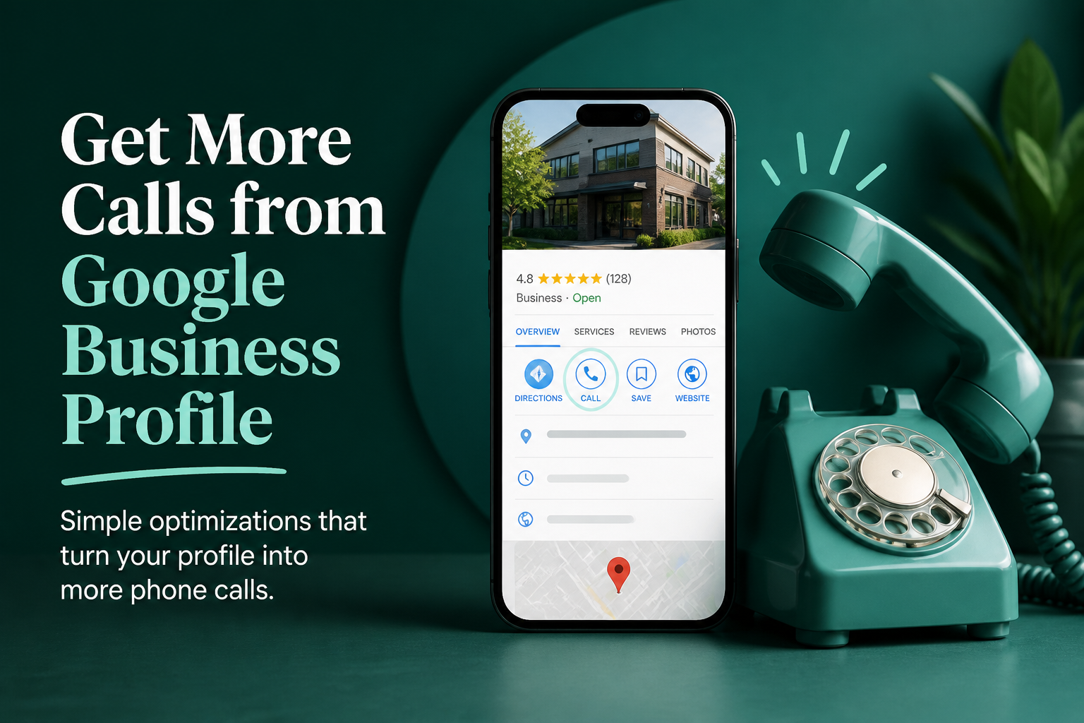 Phone ringing next to a Google Business Profile listing showing call button and reviews