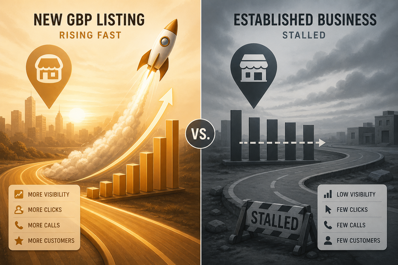 Side by side comparison of a neglected established GBP profile and a fresh new competitor profile