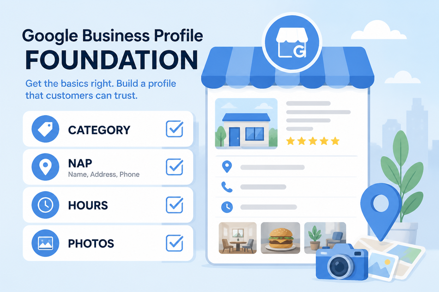 Foundation setup checklist for a Google Business Profile shown on a phone