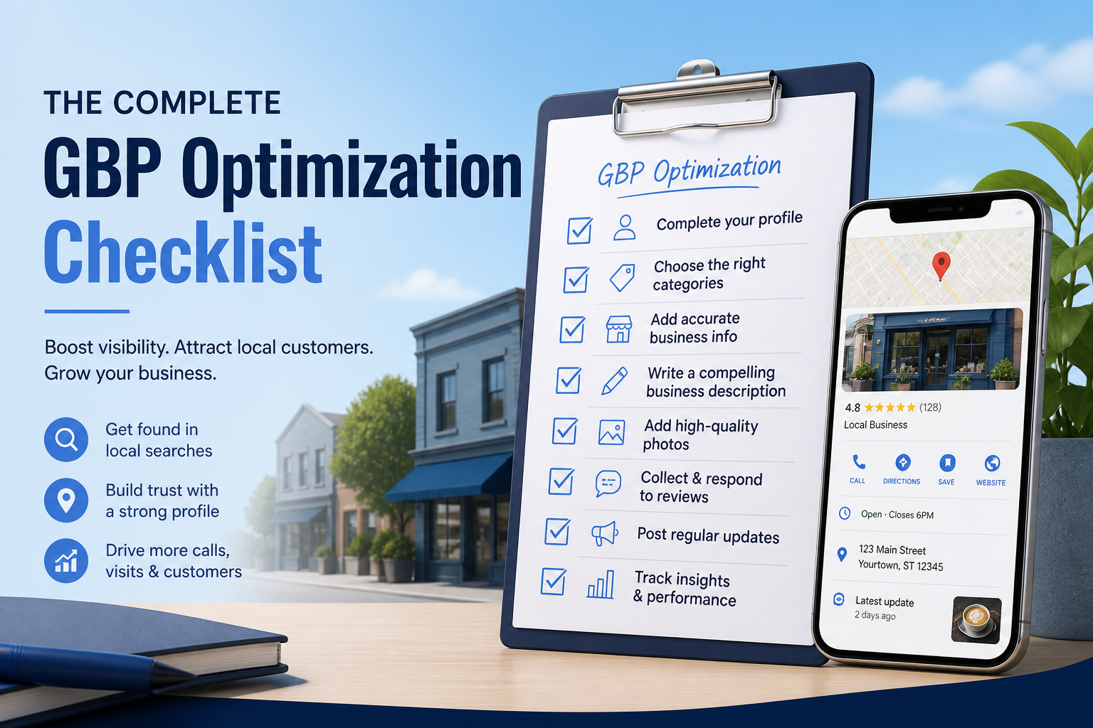 Google Business Profile optimization checklist on a clipboard with a laptop dashboard