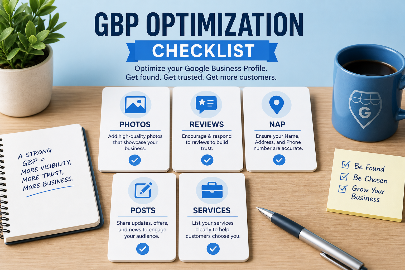 Checklist of Google Business Profile optimization steps including categories and photos