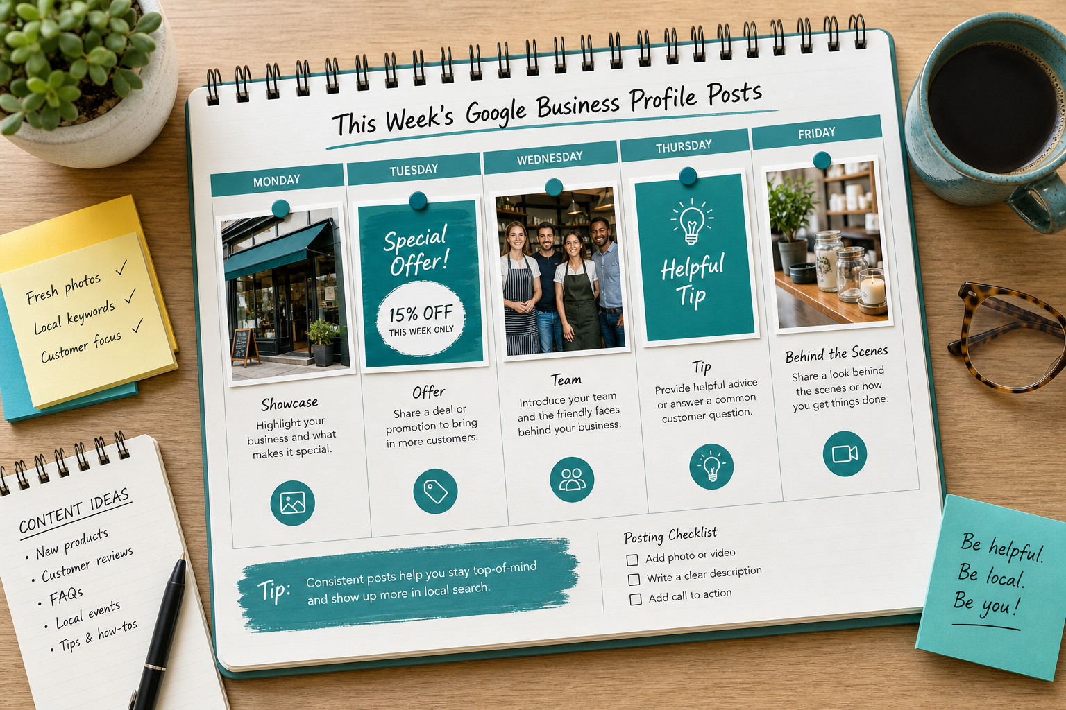 Weekly Google Business Profile posting calendar with photo cards and offer ideas