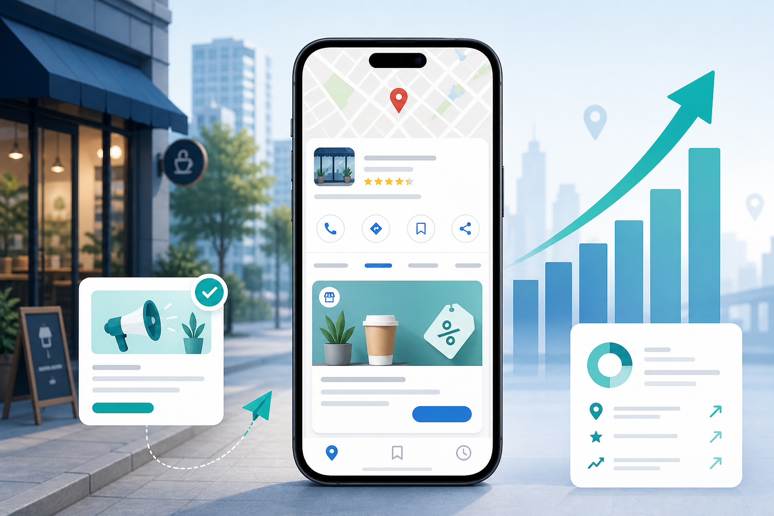 Google Business Profile post on a phone next to local map ranking signals