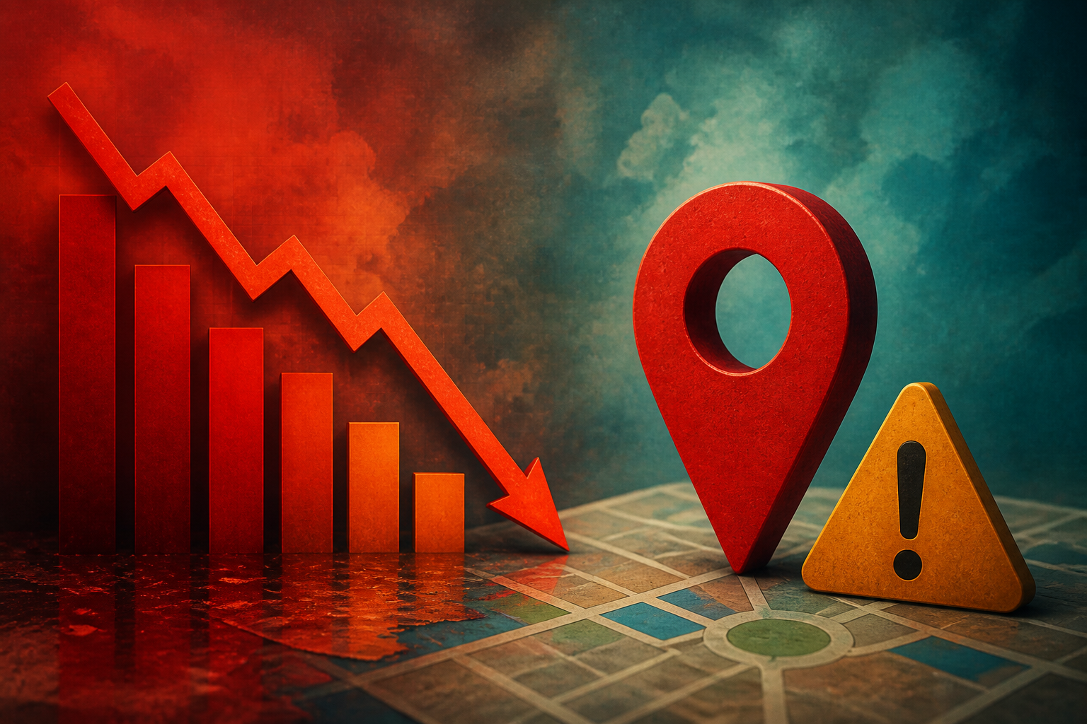 Google Business Profile ranking graph showing a sudden drop with a magnifying glass