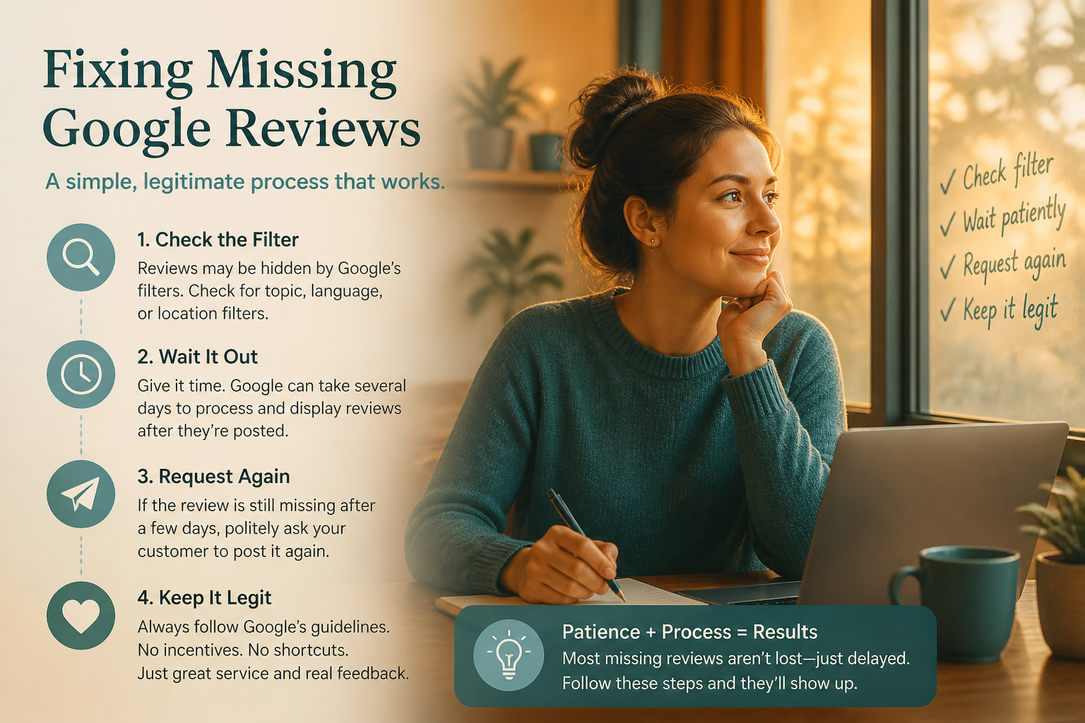 Step-by-step troubleshooting flow for missing Google reviews