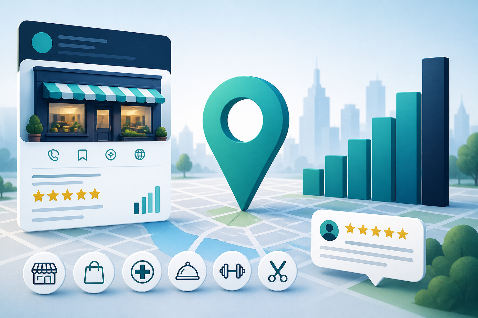 Google Business Profile ranking factors dashboard showing relevance, distance and prominence signals