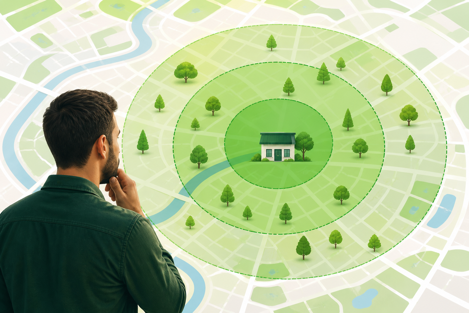 Map showing a realistic Google Business Profile service area radius around a business