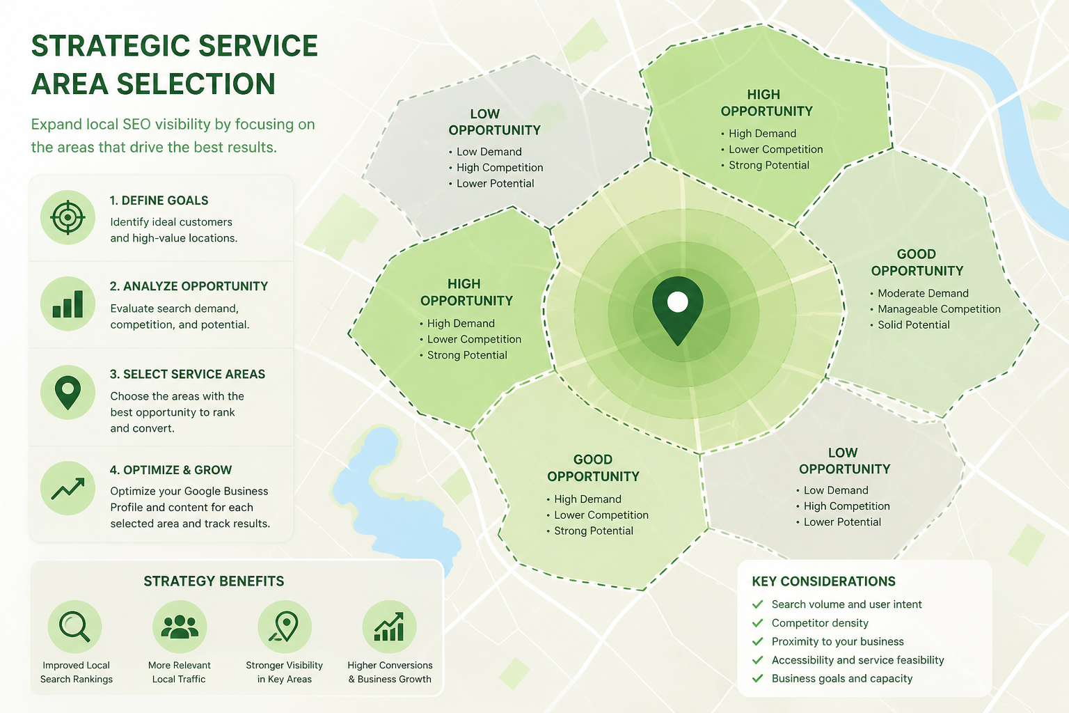 Strategy diagram for setting Google Business Profile service areas across multiple cities