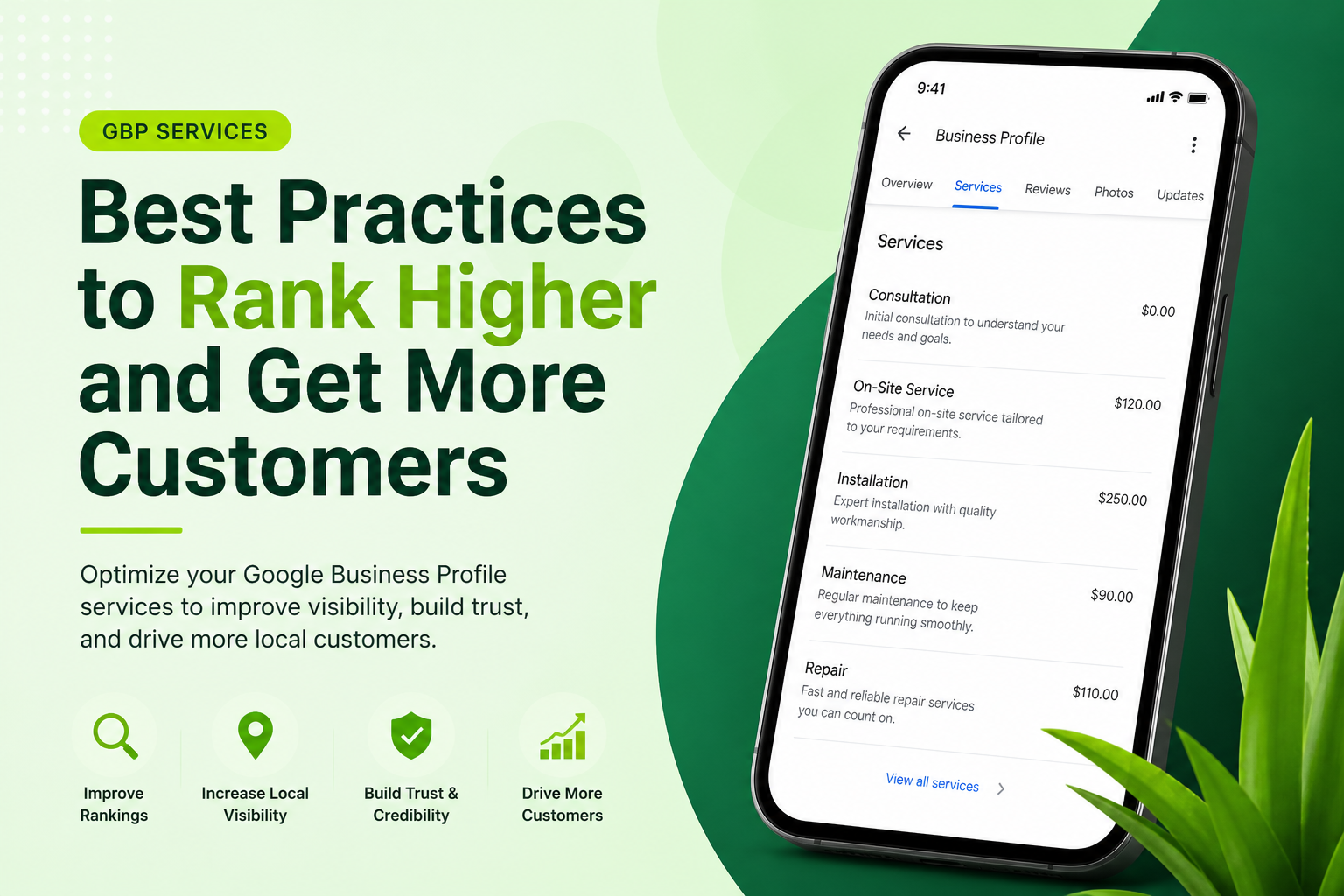 Google Business Profile services section showing a structured list of business offerings