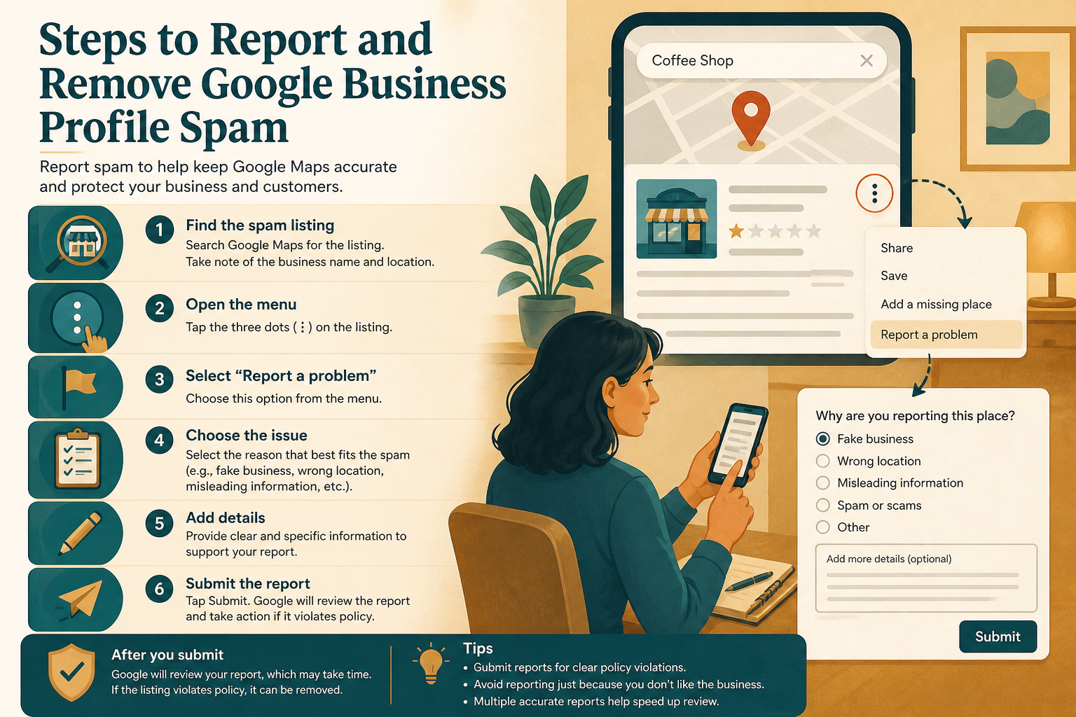 Step-by-step process for reporting a spam Google Business Profile listing