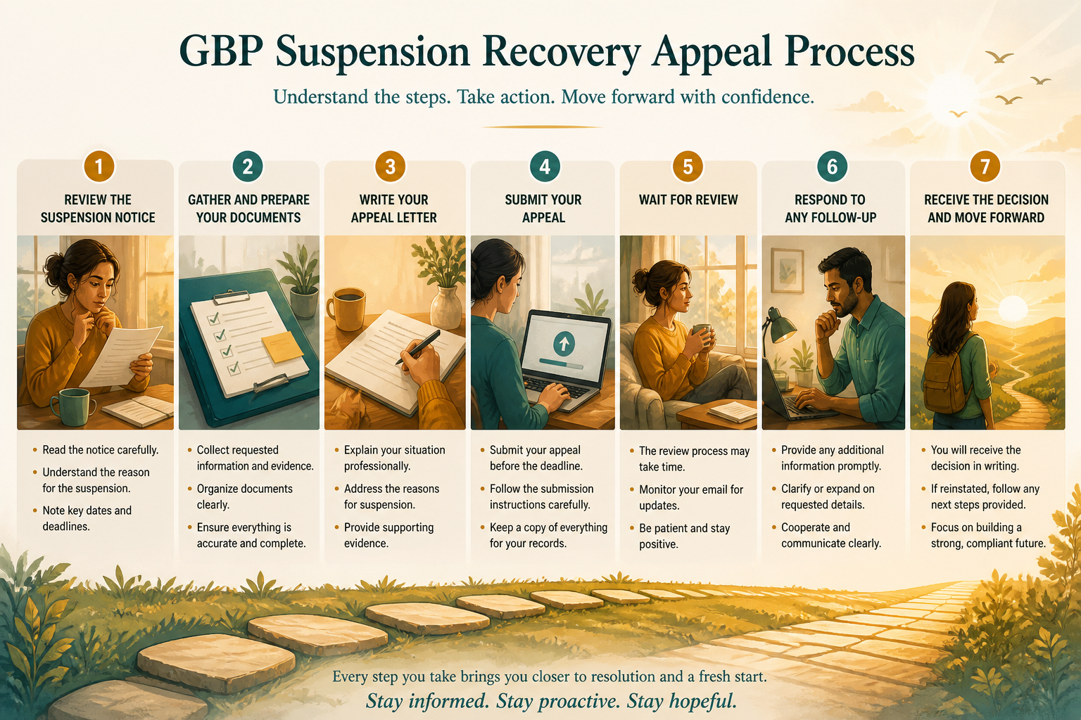 Step-by-step reinstatement request checklist for a suspended Google Business Profile