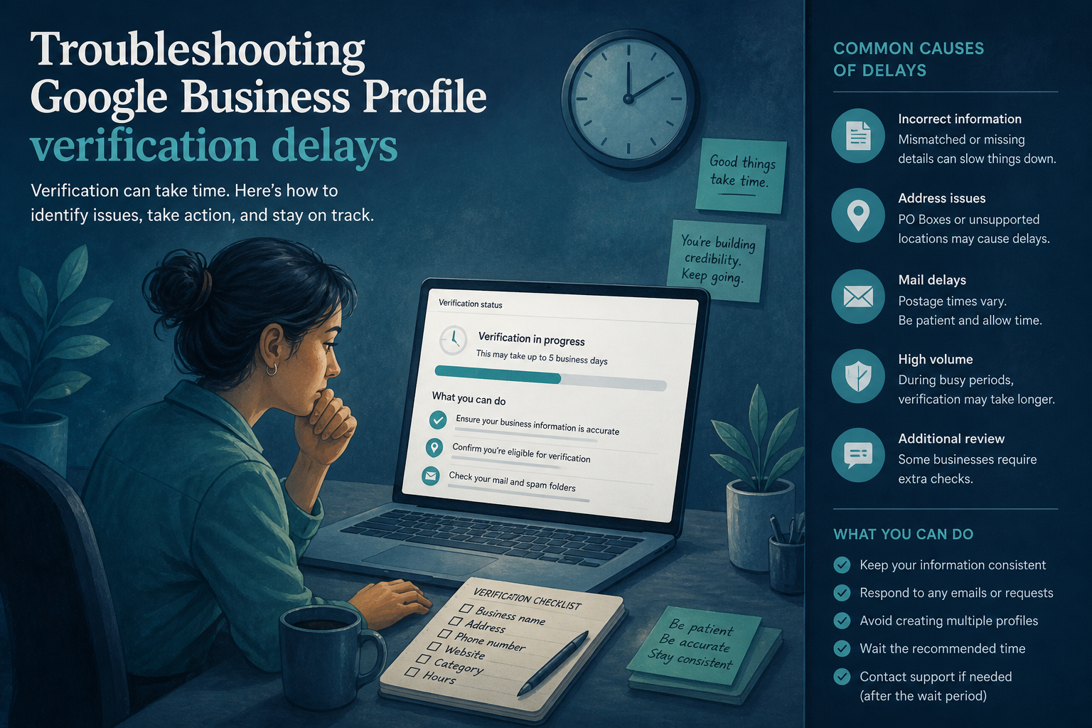 Troubleshooting flowchart for a stalled or rejected Google Business Profile verification