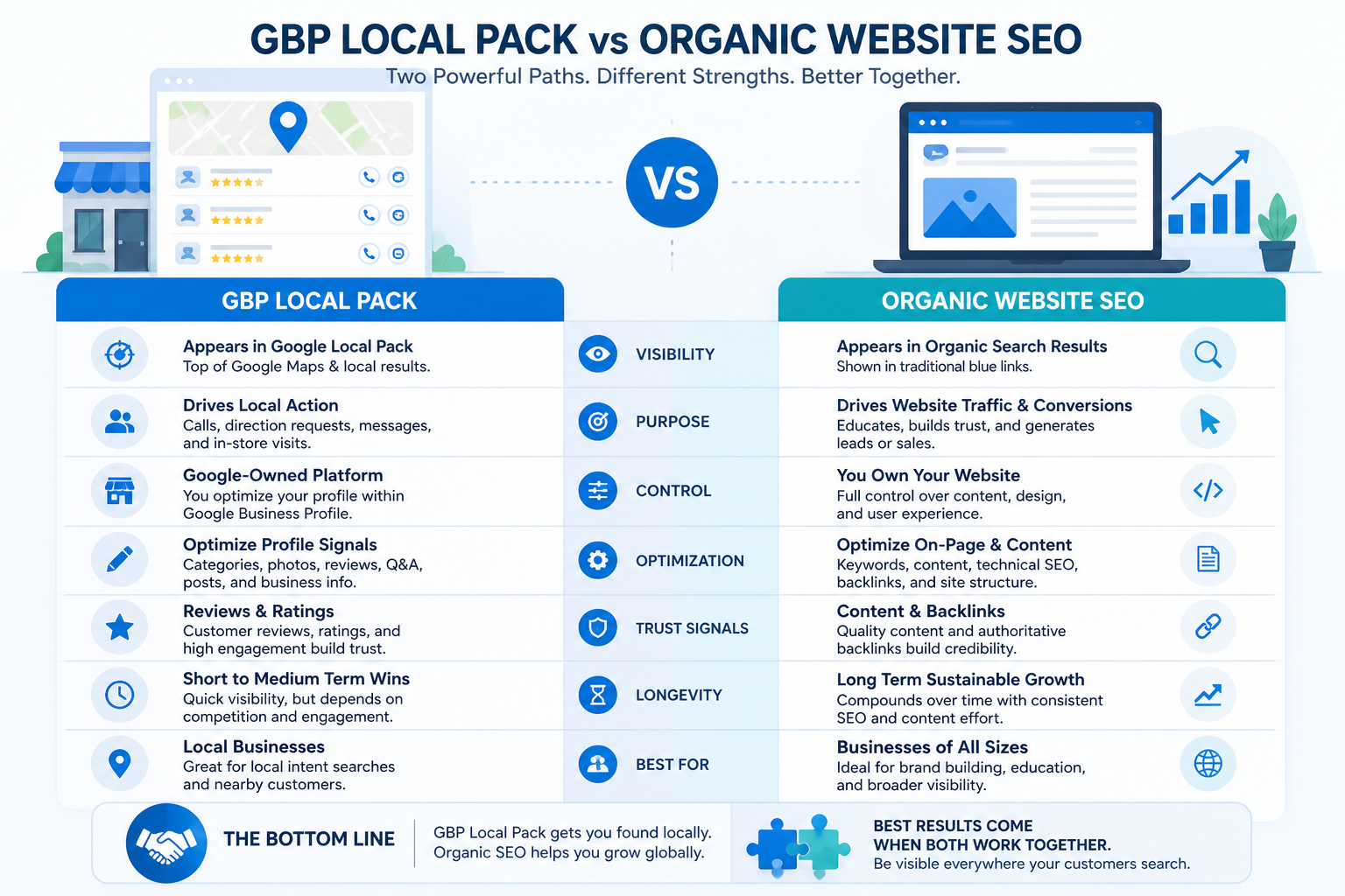 Chart comparing when Google Business Profile matters more versus when website SEO matters more