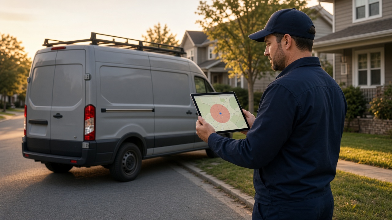 Service technician reviewing a service-area map on a tablet beside a work van for Google Business Profile ranking