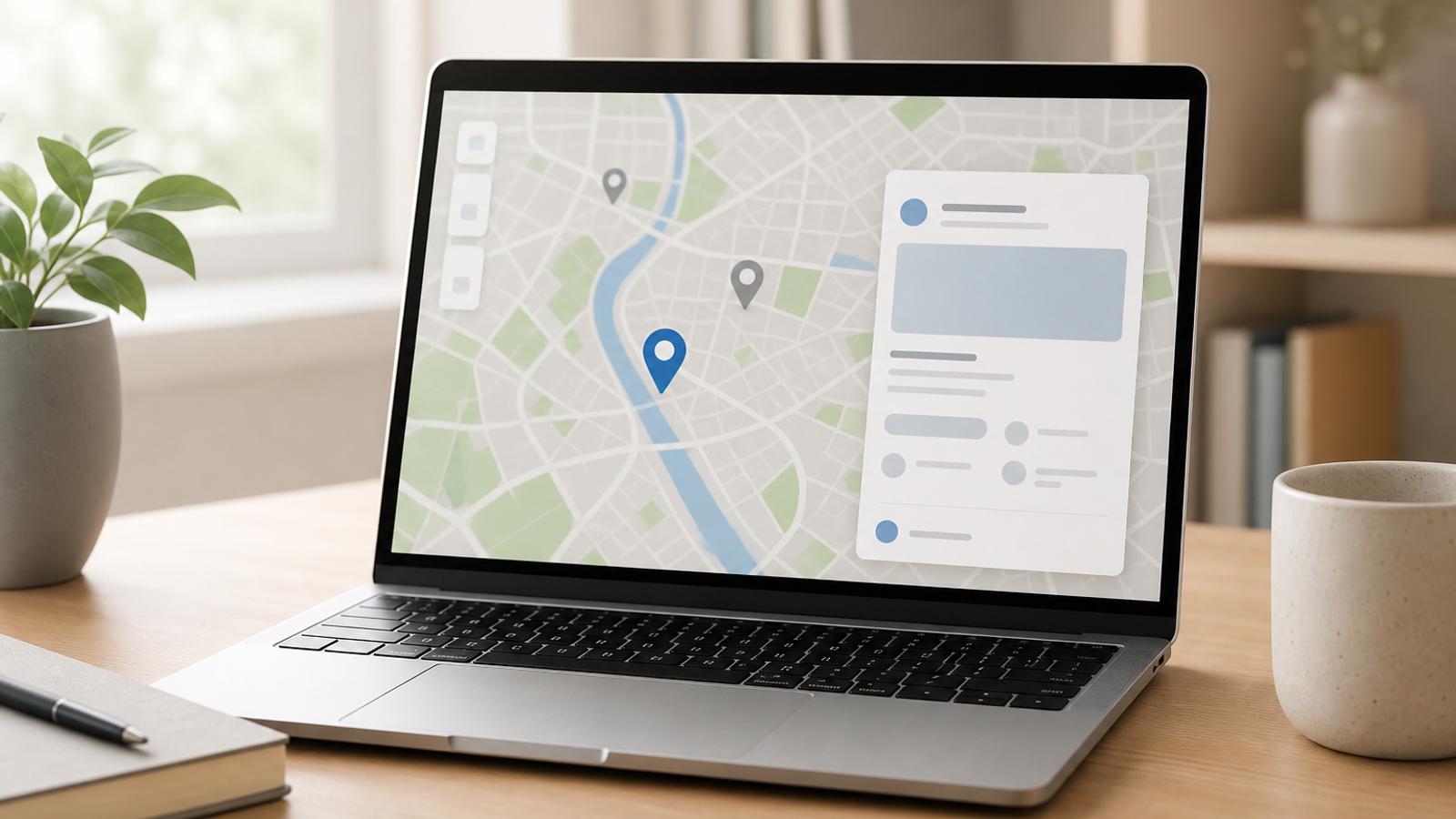 Laptop open to Google Maps place details for finding Place ID