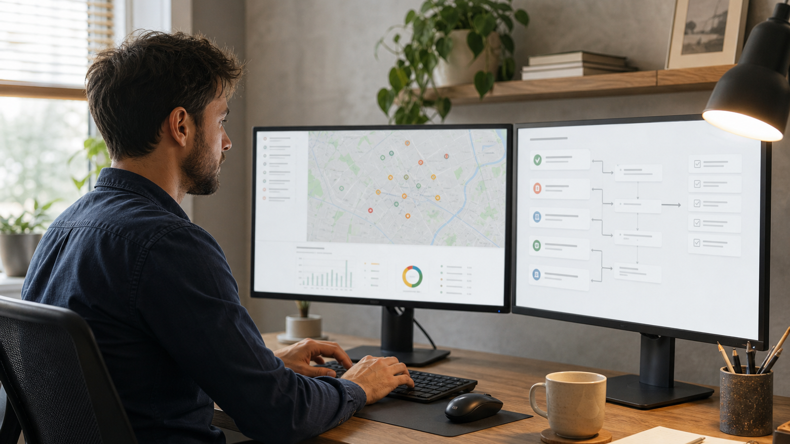 Local SEO specialist running a GBP ranking workflow on dual monitors