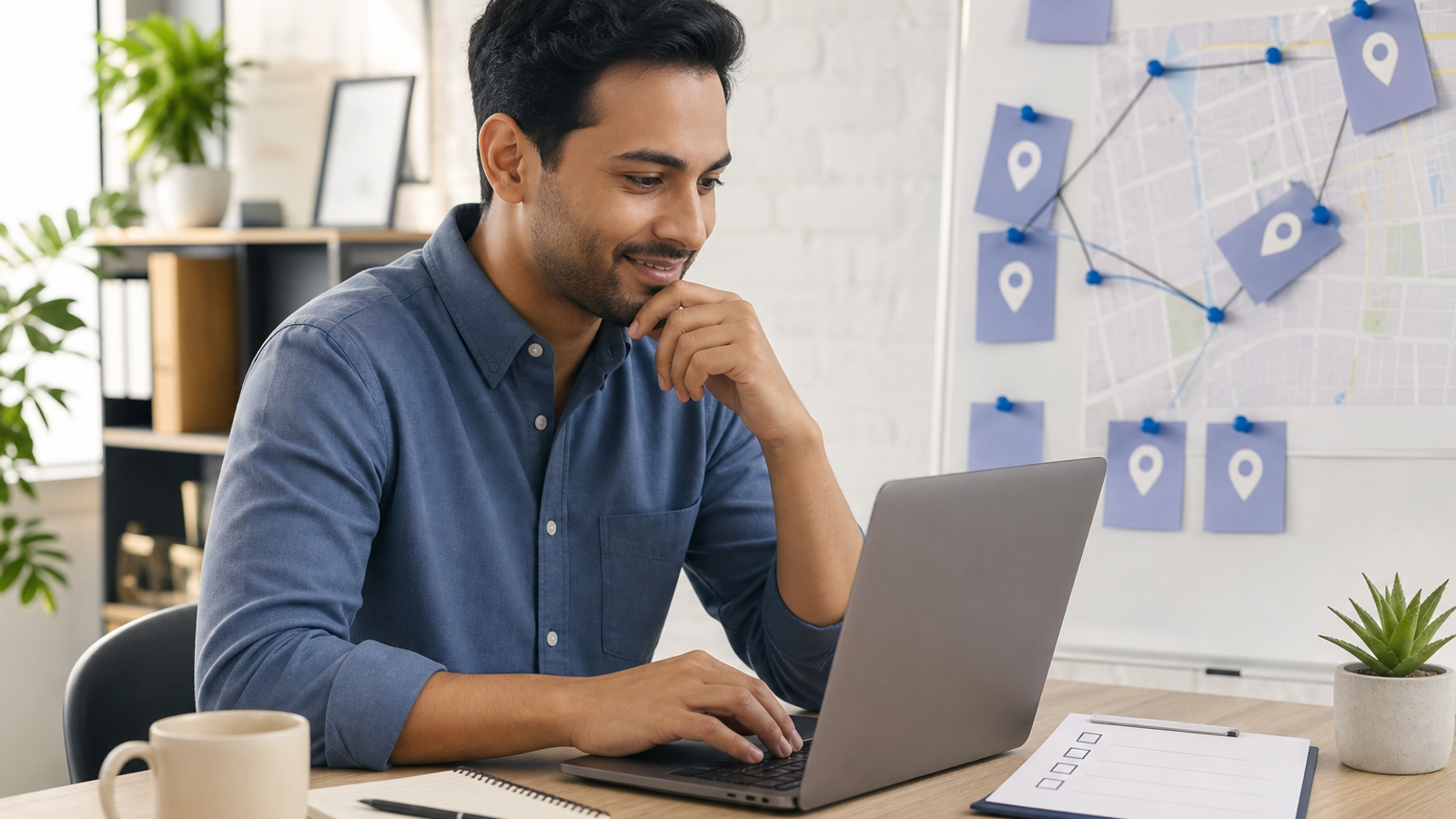 Marketer boosting local SEO with AI tools on a laptop