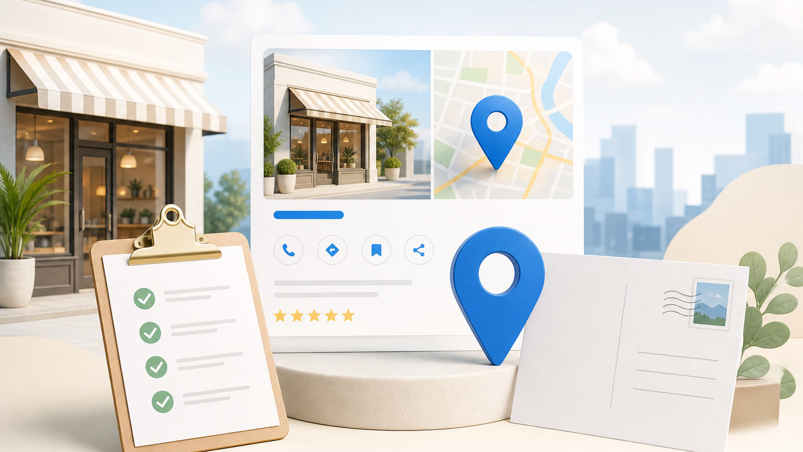Creating a new Google Business Profile with map pin and checklist