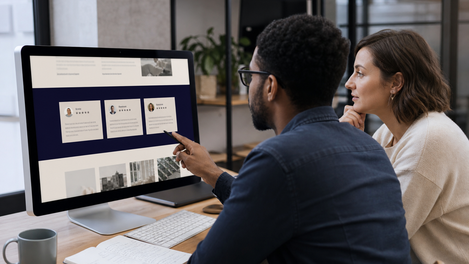 Business owner reviewing a website section with embedded Google reviews