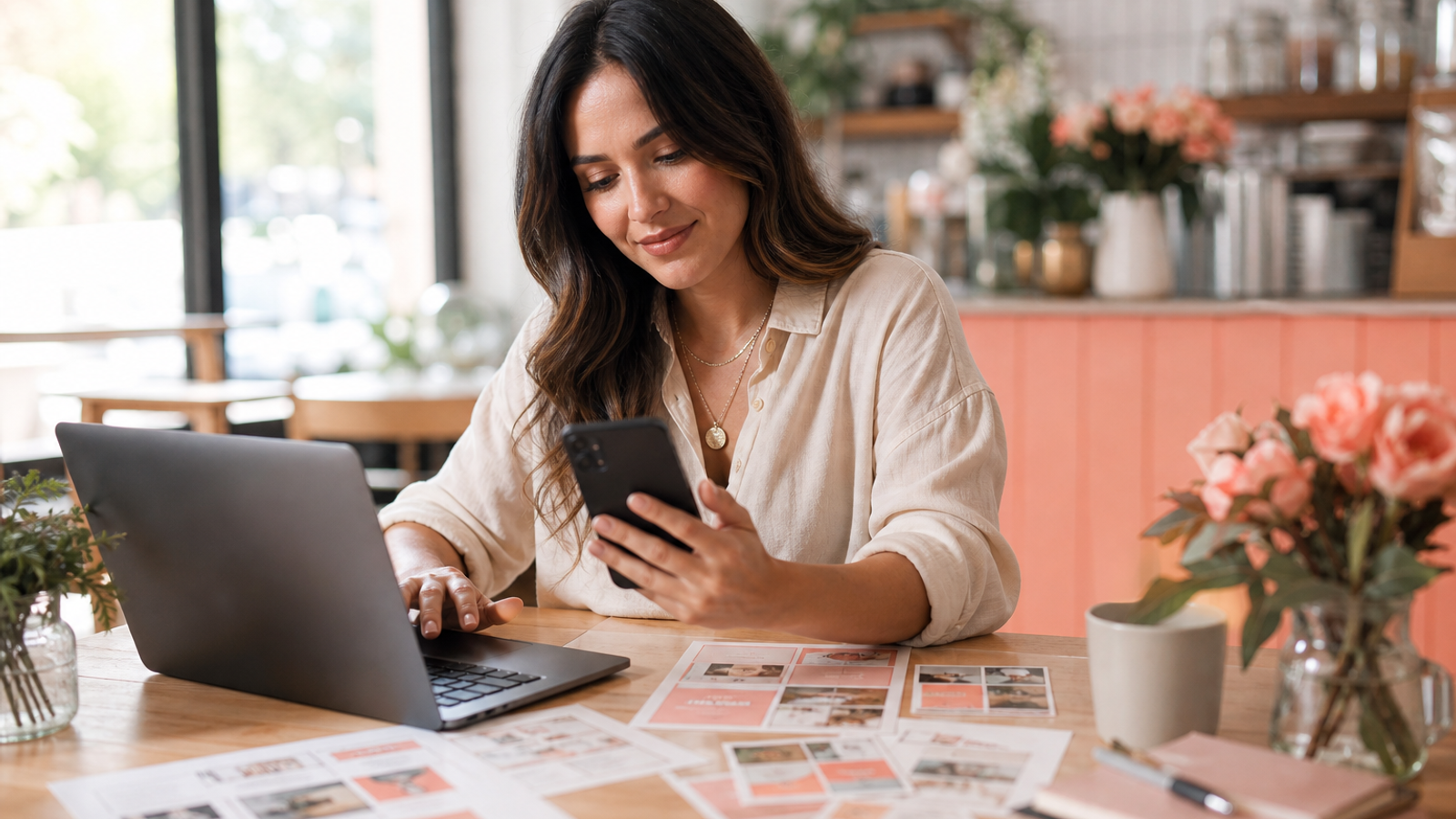 Local business owner planning social media posts on phone and laptop