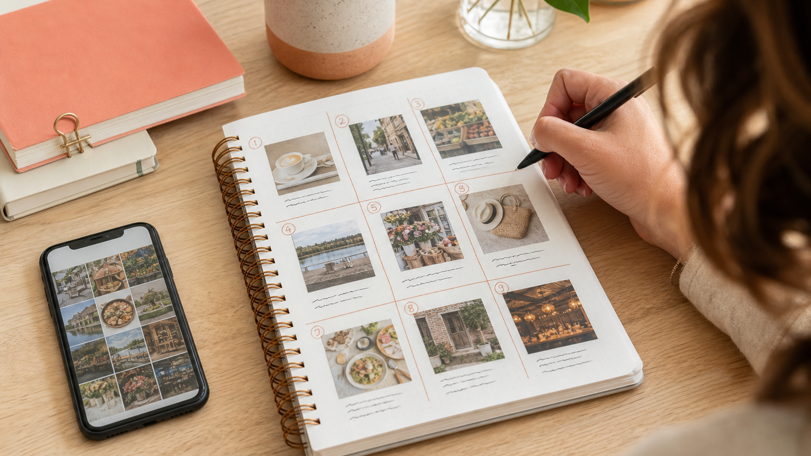 Nine local social media post ideas planned on a notebook