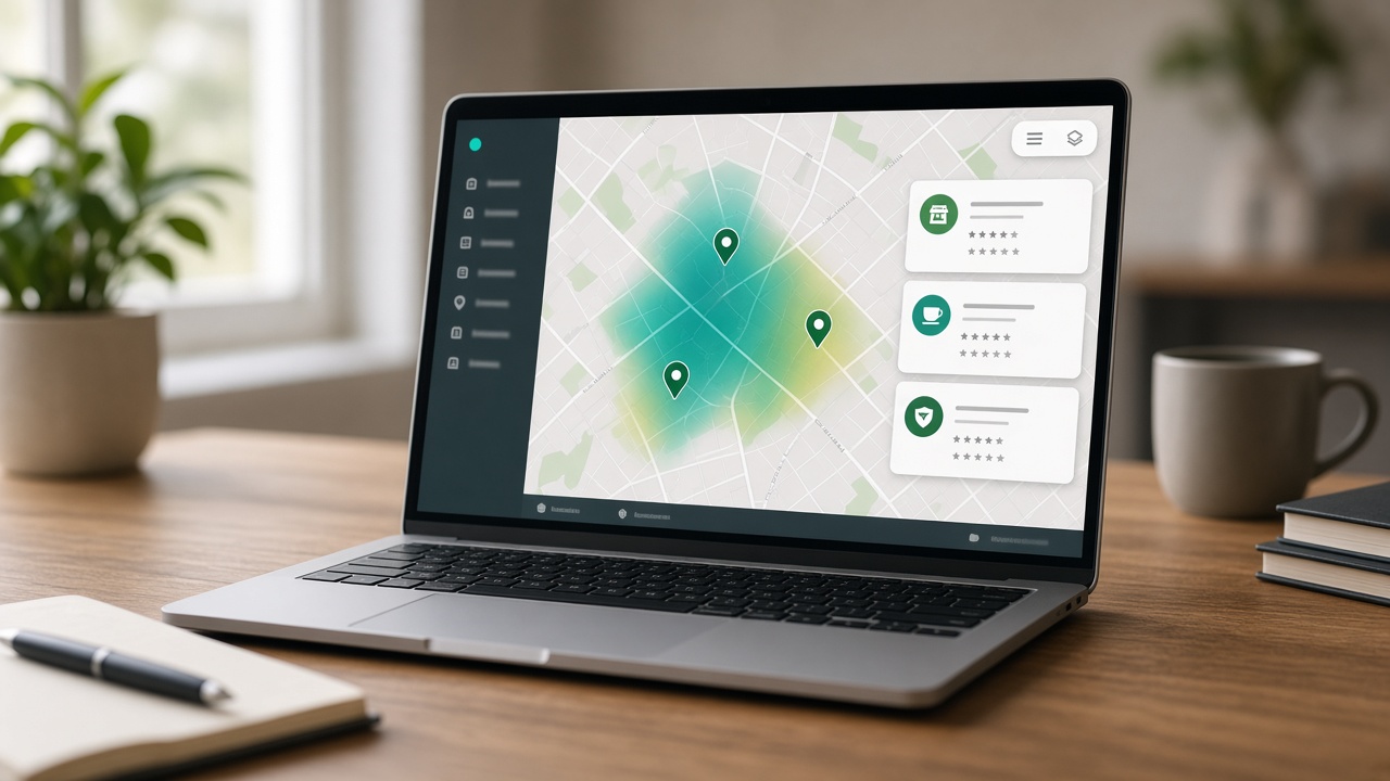 Laptop showing a geo grid heatmap for Google Business Profile Map Pack ranking across a neighborhood