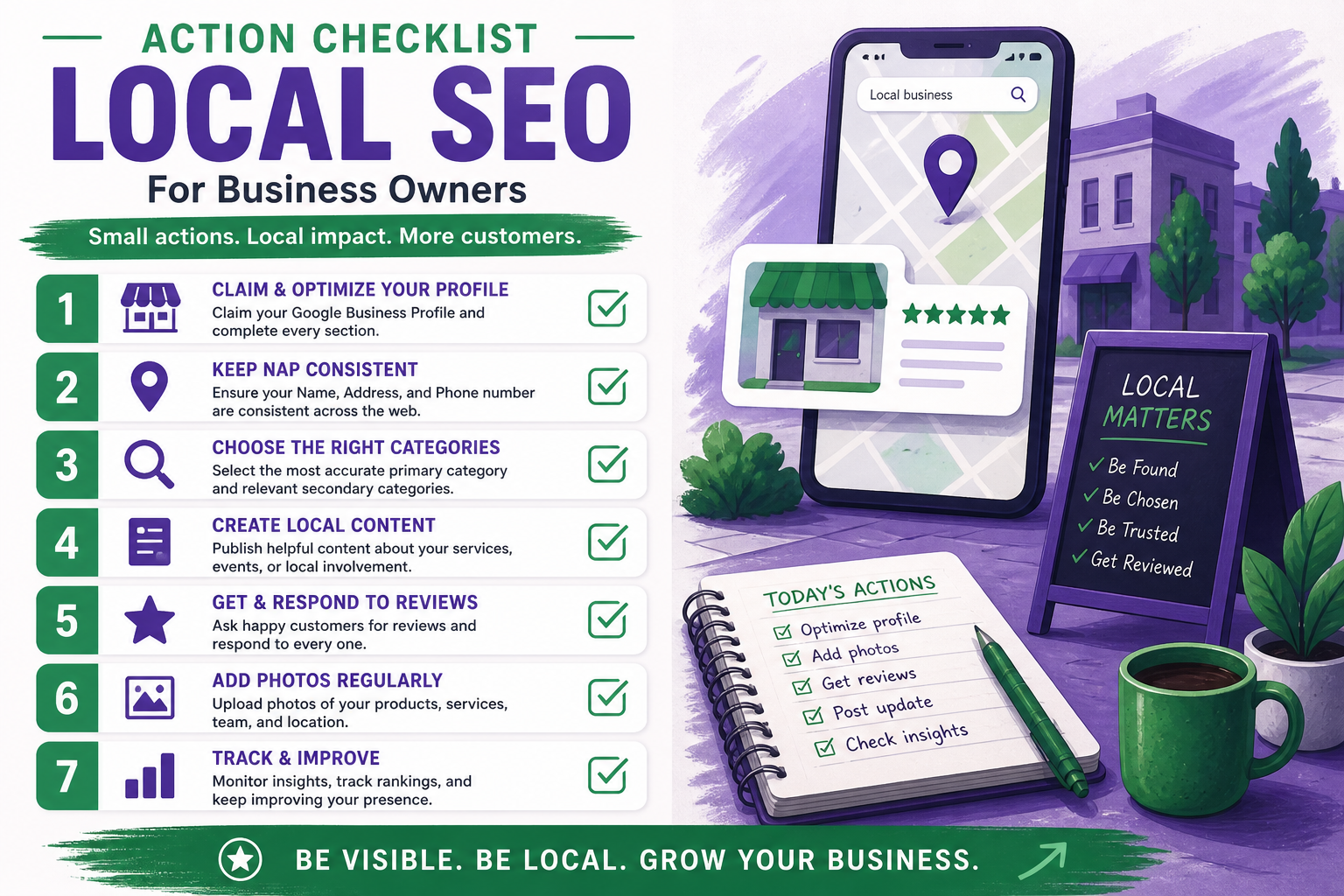 Business owner completing a monthly local SEO action checklist