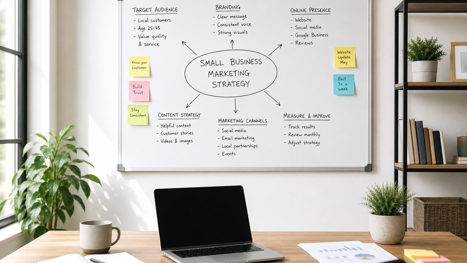 Small business team planning a local online marketing strategy