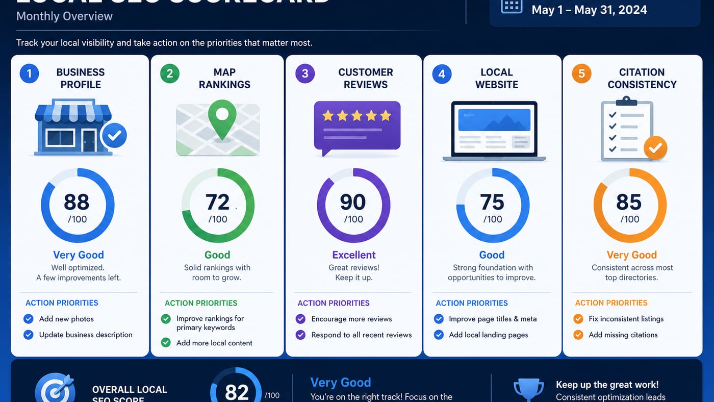 Monthly local SEO checker scorecard for a small business covering GBP, rankings, reviews, website, citations, and conversions