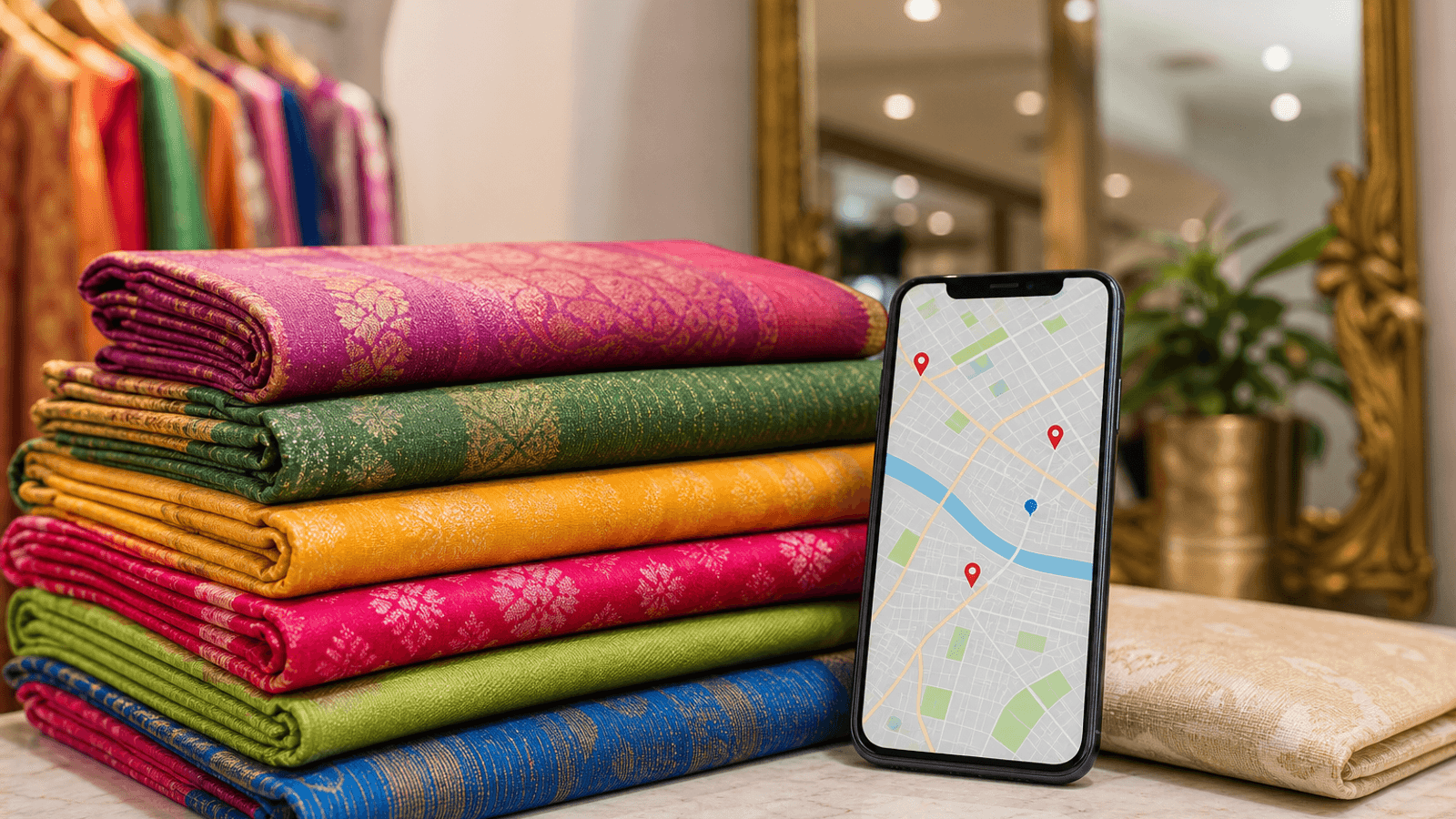 Saree stacks beside a phone showing nearby saree shop map search