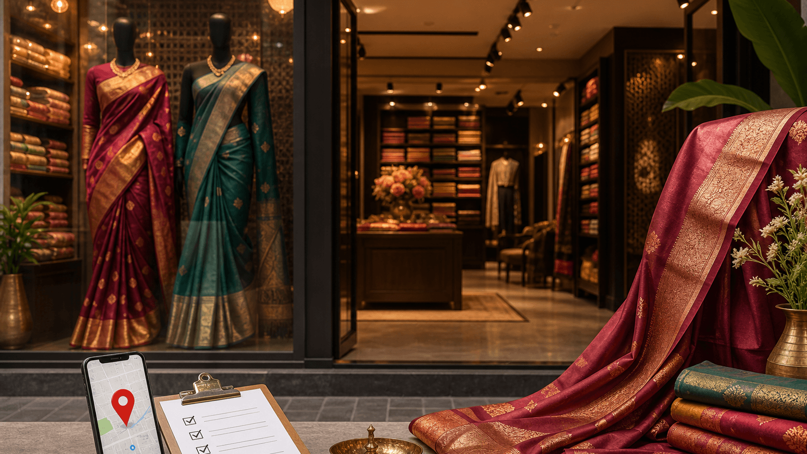 Saree boutique storefront with Maps-ready local SEO checklist theme