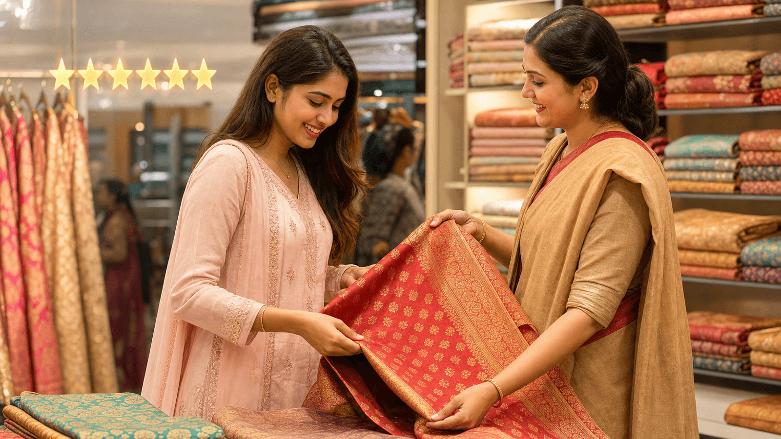 Customer browsing bridal sarees in a boutique—reviews and in-store experience