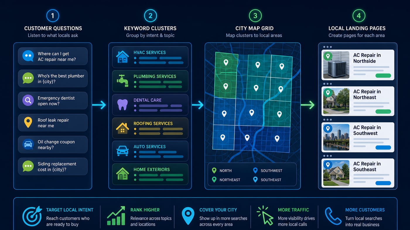 Local SEO keyword research workflow from service and location seeds through intent clustering, page mapping, and rank measurement