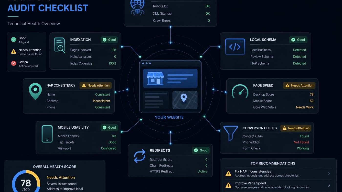Local SEO technical audit checklist covering crawlability, location pages, NAP, schema, performance, and Google Business Profile alignment