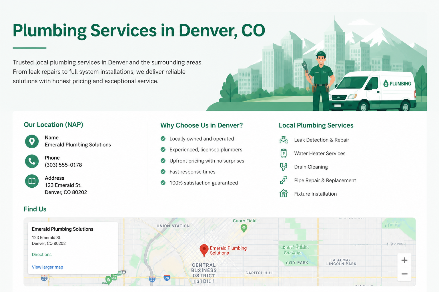 Well-structured local landing page with unique content, testimonials, and location details