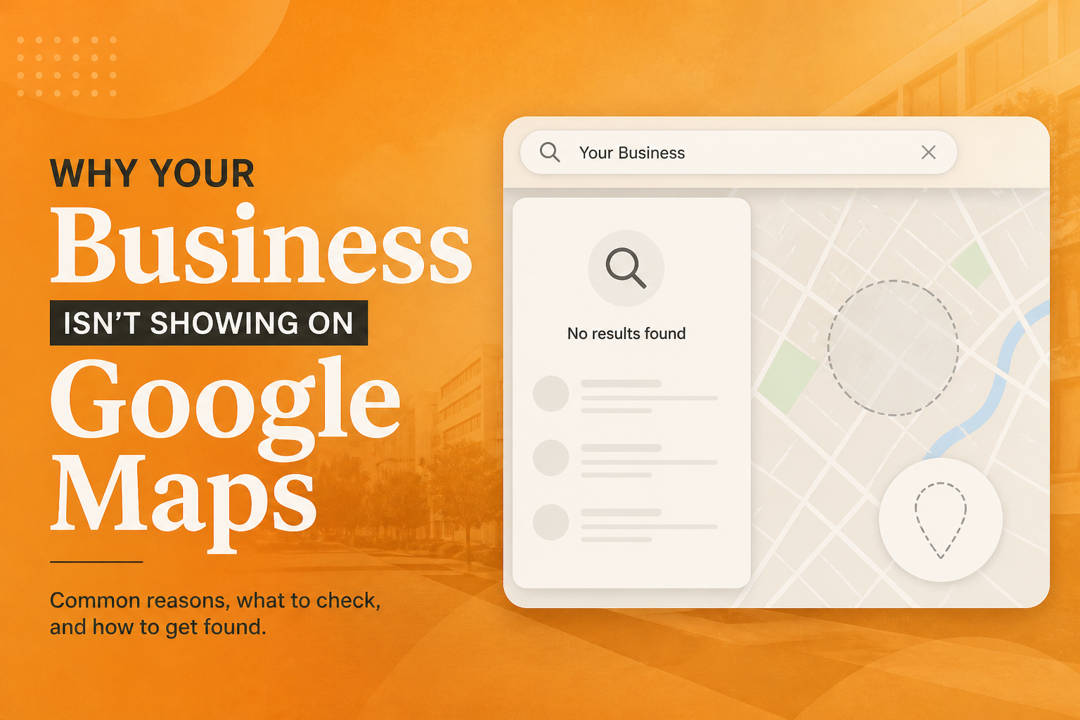 Google Maps search showing no result for a business name with a magnifying glass icon