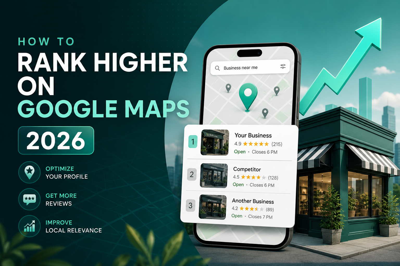 Business location pin surrounded by Google Maps ranking signals for 2026