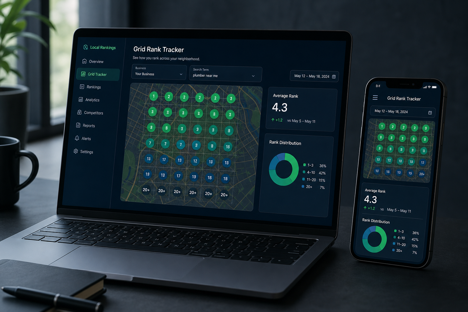 Dashboard measuring Google Maps ranking progress with calls, directions and grid position