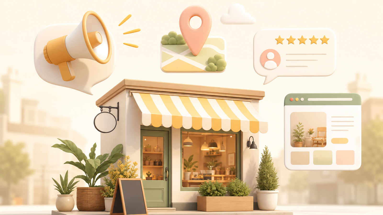 Marketing for small business storefront with local growth icons