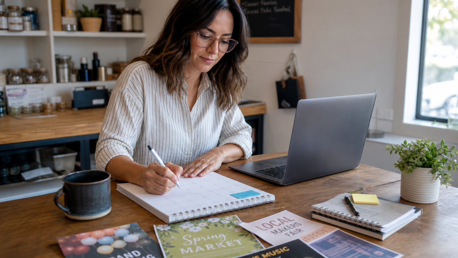 Small business owner planning a simple marketing calendar