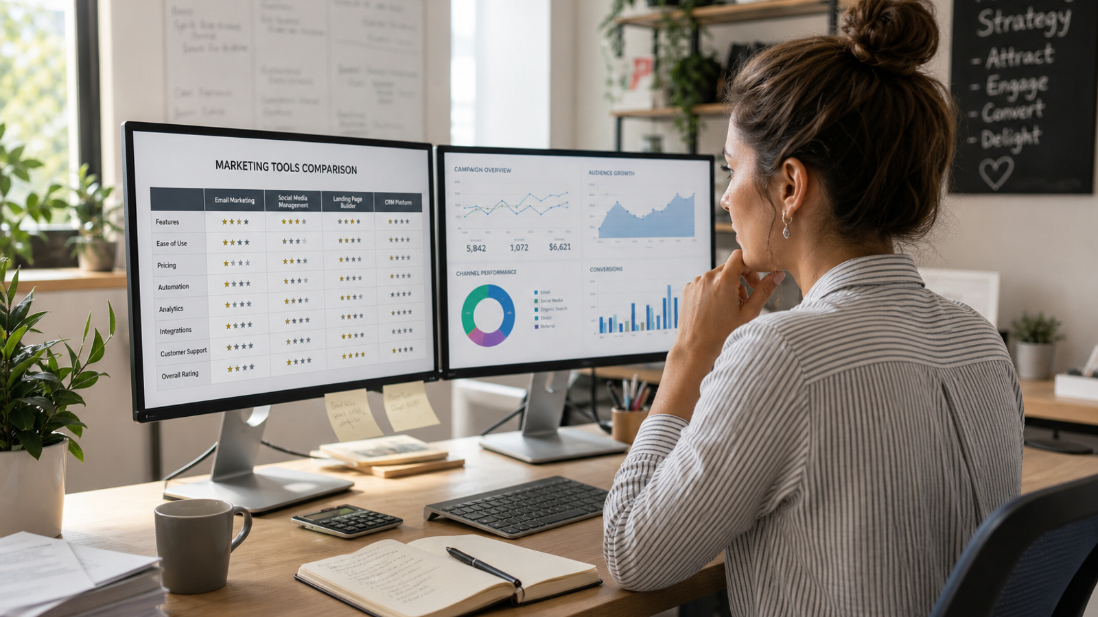 Small business owner comparing marketing tools on screens