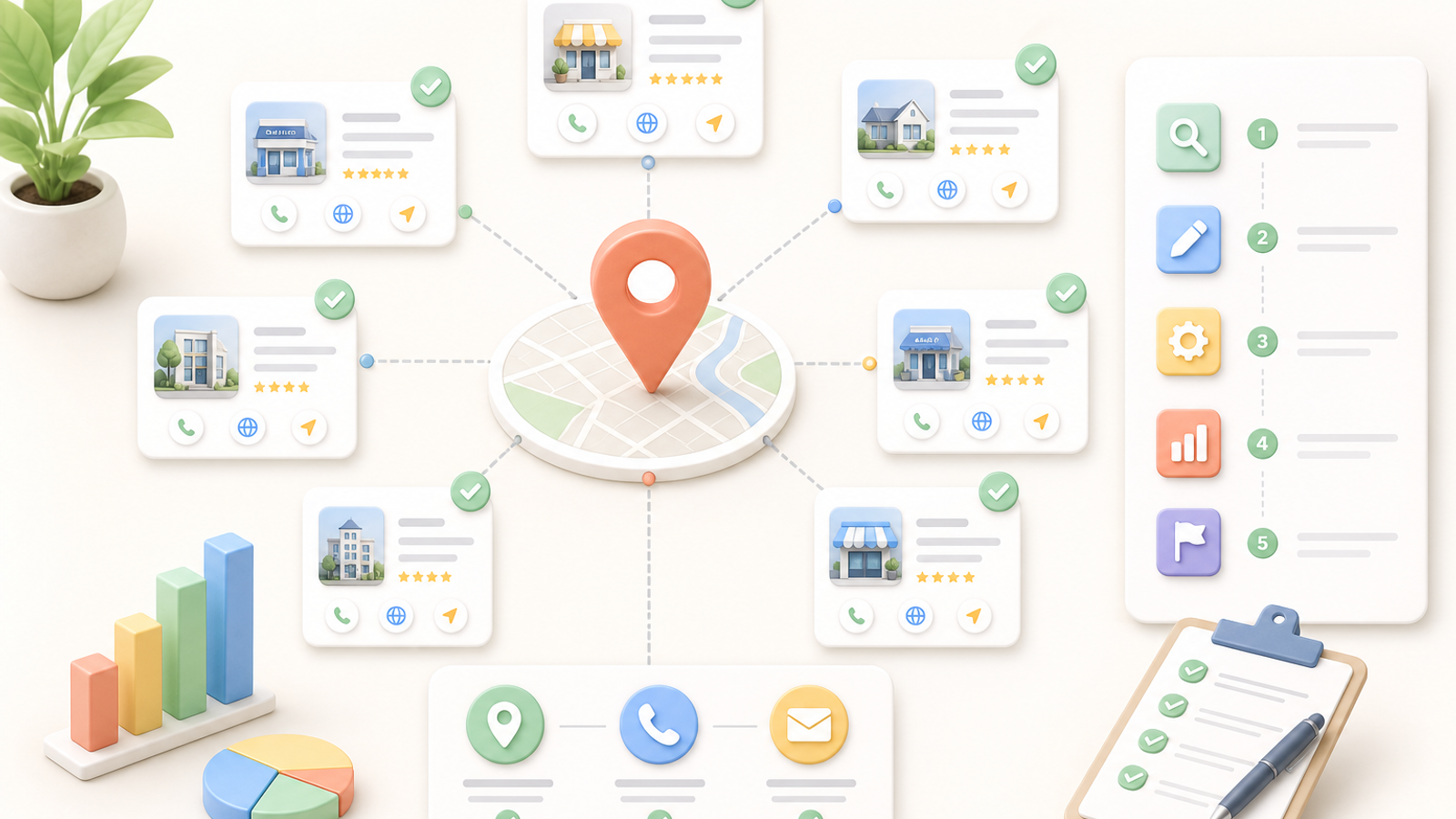 Local citation building network connected to a map pin