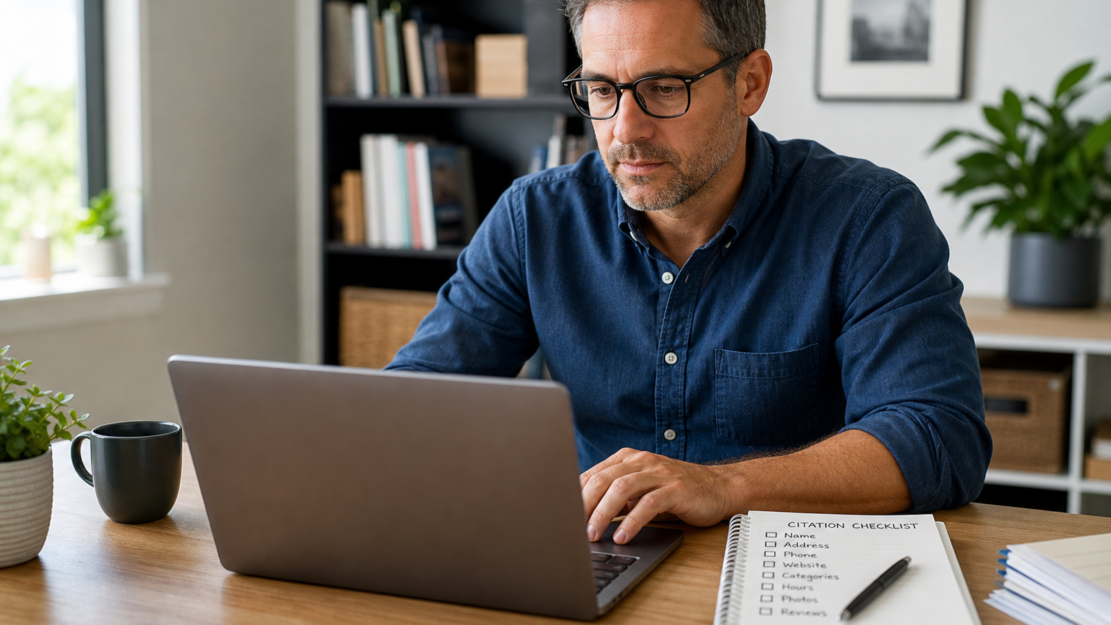 Business owner auditing local citation directories on a laptop