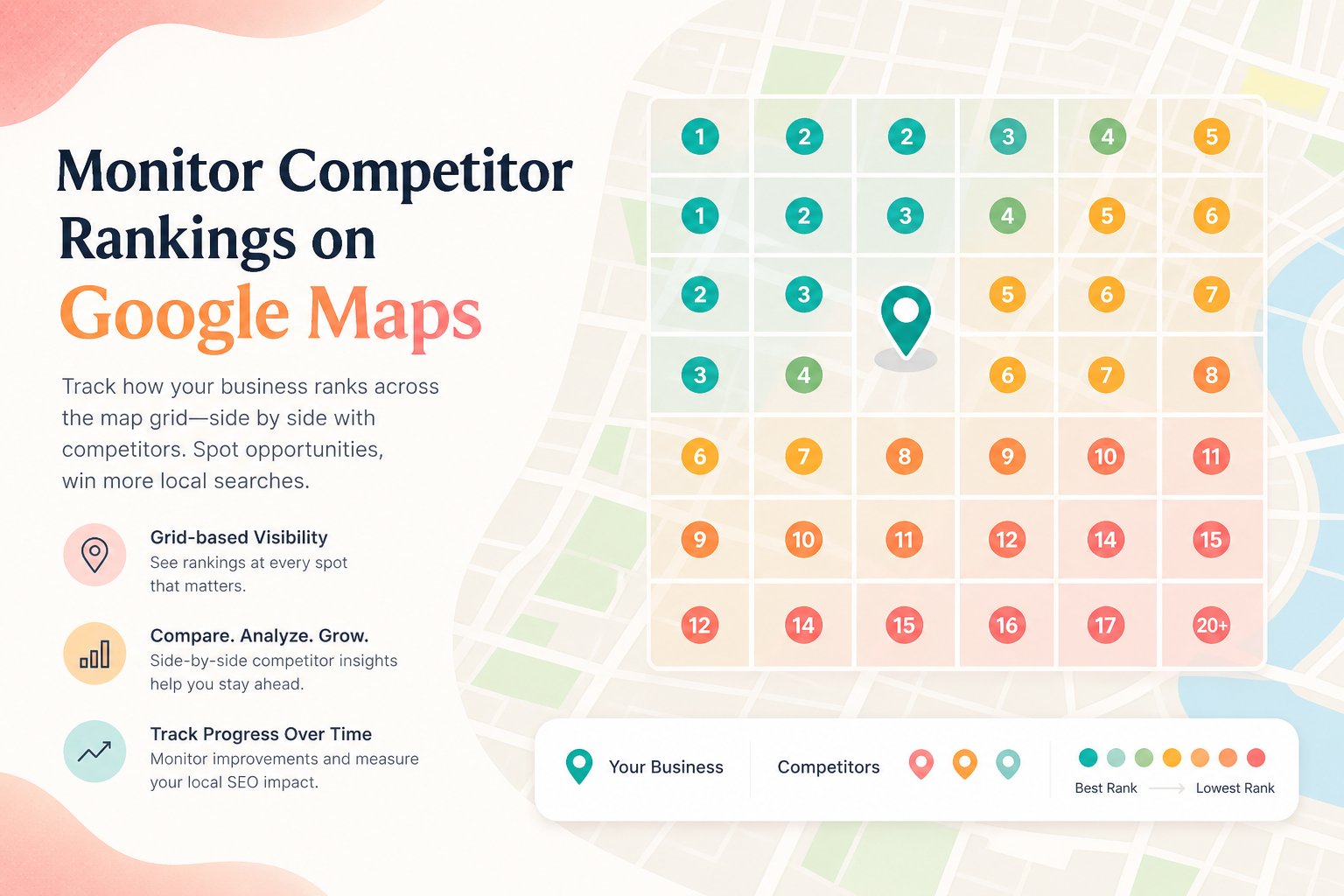 Grid map showing competitor visibility across a shared local service area