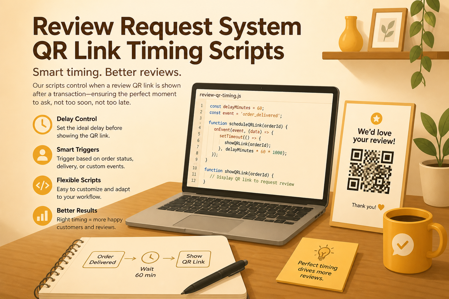 System diagram showing a repeatable review request process from service completion to submitted review